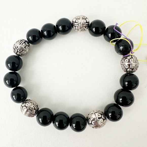NWT Genuine Black Onyx & Metallic Beaded Bracelet Men's Black Silver - Picture 1 of 2